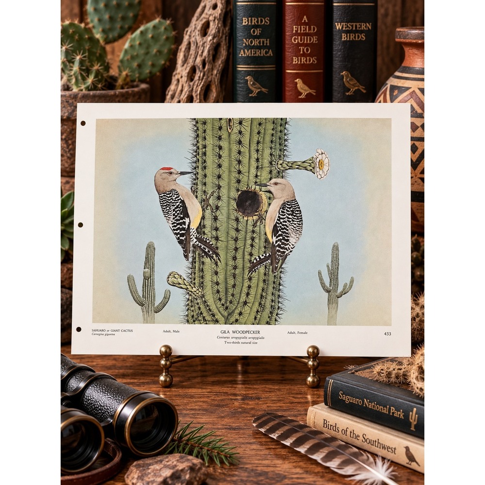 1968 Rex Brasher Gila Woodpecker Bird Vintage Original Book Plate Wall Art Decor